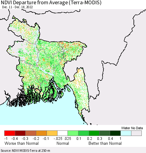 Bangladesh NDVI Departure from Average (Terra-MODIS) Thematic Map For 12/11/2022 - 12/18/2022