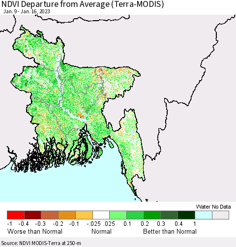 Bangladesh NDVI Departure from Average (Terra-MODIS) Thematic Map For 1/9/2023 - 1/16/2023