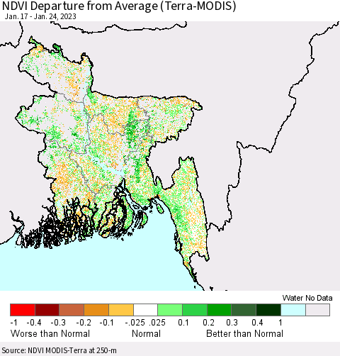 Bangladesh NDVI Departure from Average (Terra-MODIS) Thematic Map For 1/17/2023 - 1/24/2023