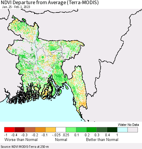 Bangladesh NDVI Departure from Average (Terra-MODIS) Thematic Map For 1/25/2023 - 2/1/2023