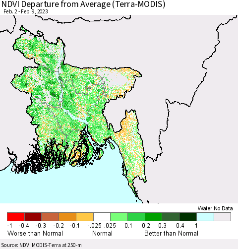Bangladesh NDVI Departure from Average (Terra-MODIS) Thematic Map For 2/2/2023 - 2/9/2023