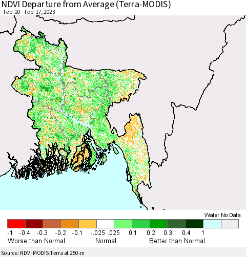 Bangladesh NDVI Departure from Average (Terra-MODIS) Thematic Map For 2/10/2023 - 2/17/2023