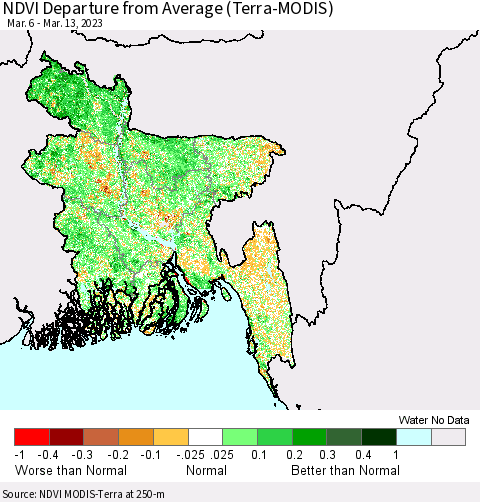 Bangladesh NDVI Departure from Average (Terra-MODIS) Thematic Map For 3/6/2023 - 3/13/2023