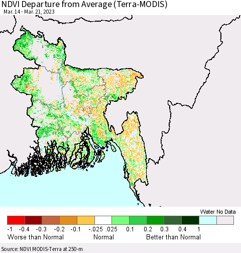 Bangladesh NDVI Departure from Average (Terra-MODIS) Thematic Map For 3/14/2023 - 3/21/2023
