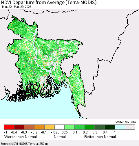 Bangladesh NDVI Departure from Average (Terra-MODIS) Thematic Map For 3/22/2023 - 3/29/2023