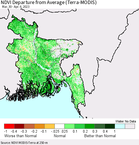 Bangladesh NDVI Departure from Average (Terra-MODIS) Thematic Map For 3/30/2023 - 4/6/2023