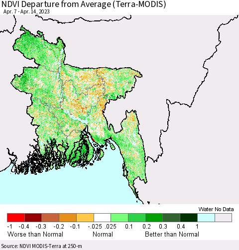Bangladesh NDVI Departure from Average (Terra-MODIS) Thematic Map For 4/7/2023 - 4/14/2023