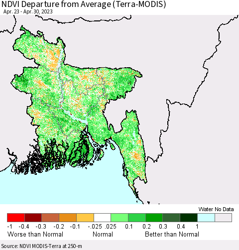 Bangladesh NDVI Departure from Average (Terra-MODIS) Thematic Map For 4/23/2023 - 4/30/2023