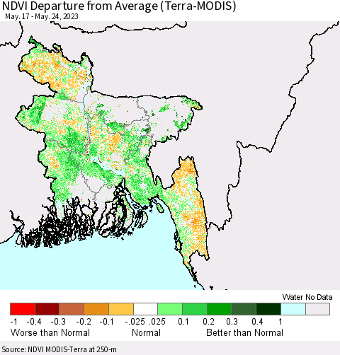 Bangladesh NDVI Departure from Average (Terra-MODIS) Thematic Map For 5/17/2023 - 5/24/2023