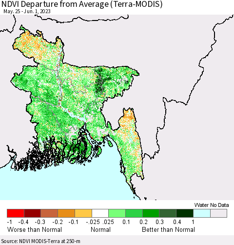 Bangladesh NDVI Departure from Average (Terra-MODIS) Thematic Map For 5/25/2023 - 6/1/2023
