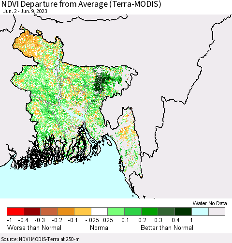Bangladesh NDVI Departure from Average (Terra-MODIS) Thematic Map For 6/2/2023 - 6/9/2023