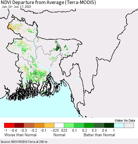 Bangladesh NDVI Departure from Average (Terra-MODIS) Thematic Map For 6/10/2023 - 6/17/2023