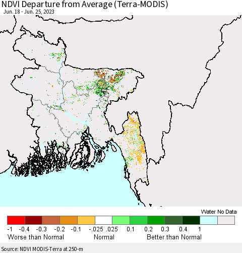 Bangladesh NDVI Departure from Average (Terra-MODIS) Thematic Map For 6/18/2023 - 6/25/2023