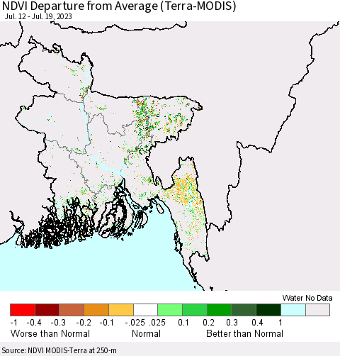 Bangladesh NDVI Departure from Average (Terra-MODIS) Thematic Map For 7/12/2023 - 7/19/2023