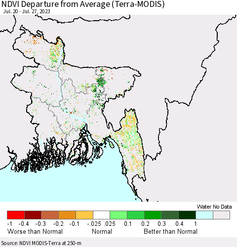 Bangladesh NDVI Departure from Average (Terra-MODIS) Thematic Map For 7/20/2023 - 7/27/2023