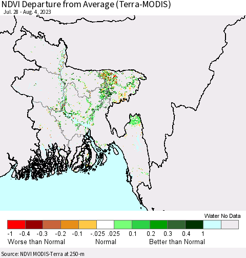 Bangladesh NDVI Departure from Average (Terra-MODIS) Thematic Map For 7/28/2023 - 8/4/2023