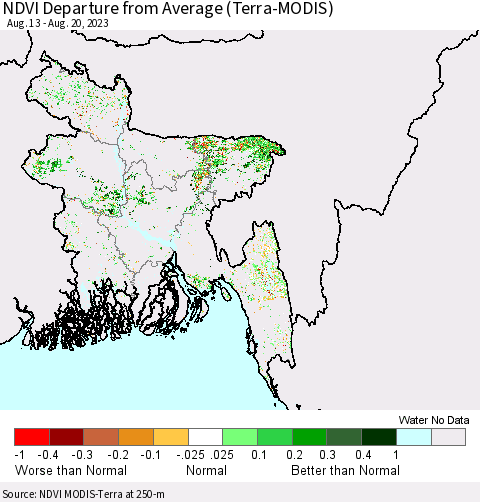 Bangladesh NDVI Departure from Average (Terra-MODIS) Thematic Map For 8/13/2023 - 8/20/2023