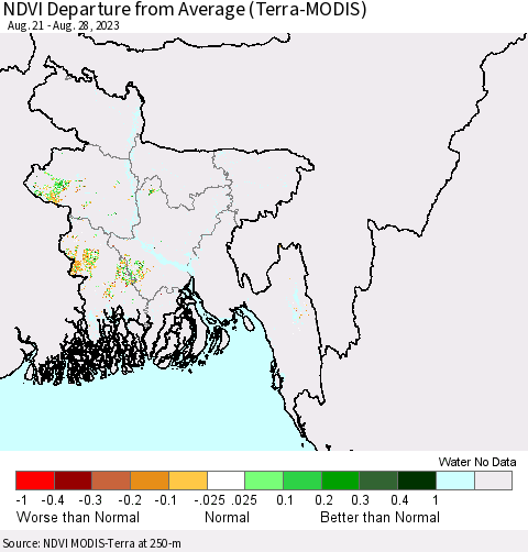 Bangladesh NDVI Departure from Average (Terra-MODIS) Thematic Map For 8/21/2023 - 8/28/2023