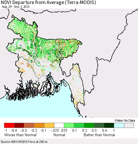 Bangladesh NDVI Departure from Average (Terra-MODIS) Thematic Map For 8/29/2023 - 9/5/2023