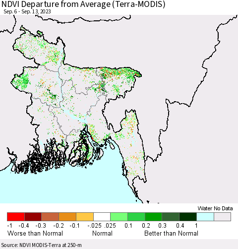 Bangladesh NDVI Departure from Average (Terra-MODIS) Thematic Map For 9/6/2023 - 9/13/2023