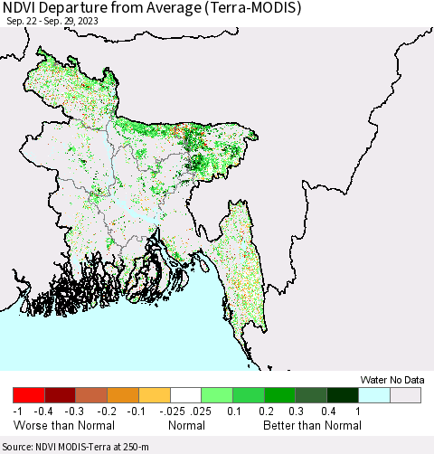 Bangladesh NDVI Departure from Average (Terra-MODIS) Thematic Map For 9/22/2023 - 9/29/2023