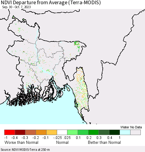 Bangladesh NDVI Departure from Average (Terra-MODIS) Thematic Map For 9/30/2023 - 10/7/2023