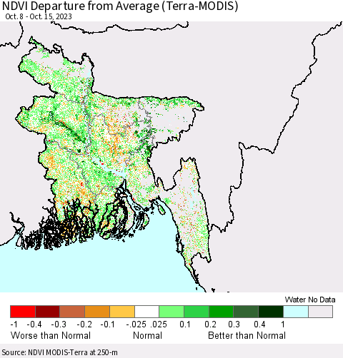 Bangladesh NDVI Departure from Average (Terra-MODIS) Thematic Map For 10/8/2023 - 10/15/2023