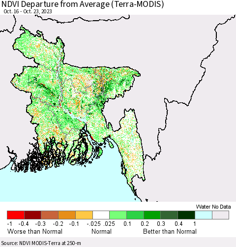 Bangladesh NDVI Departure from Average (Terra-MODIS) Thematic Map For 10/16/2023 - 10/23/2023