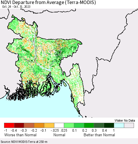 Bangladesh NDVI Departure from Average (Terra-MODIS) Thematic Map For 10/24/2023 - 10/31/2023