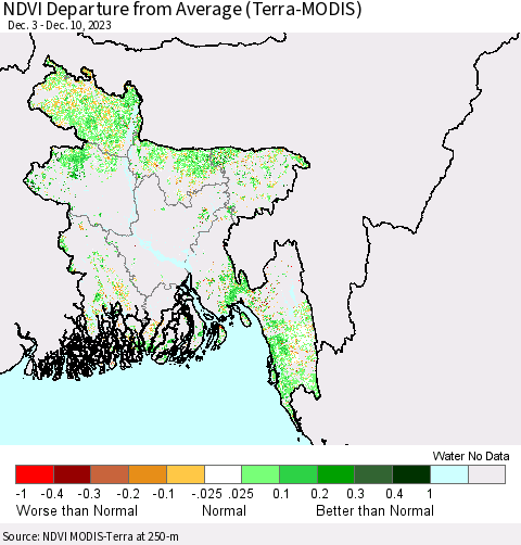 Bangladesh NDVI Departure from Average (Terra-MODIS) Thematic Map For 12/3/2023 - 12/10/2023