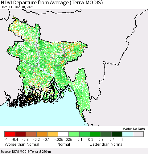 Bangladesh NDVI Departure from Average (Terra-MODIS) Thematic Map For 12/11/2023 - 12/18/2023