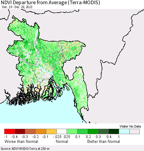 Bangladesh NDVI Departure from Average (Terra-MODIS) Thematic Map For 12/19/2023 - 12/26/2023