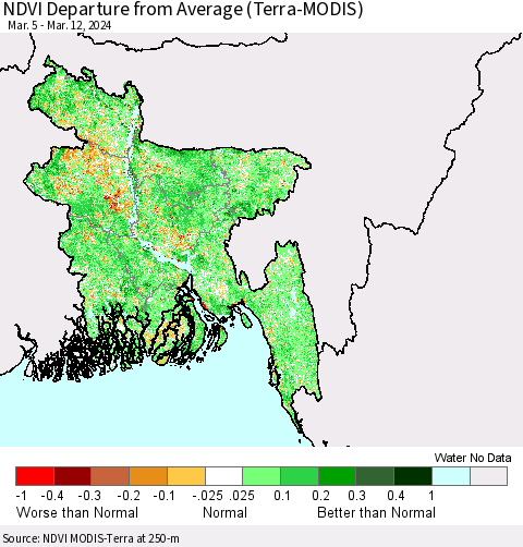 Bangladesh NDVI Departure from Average (Terra-MODIS) Thematic Map For 3/5/2024 - 3/12/2024