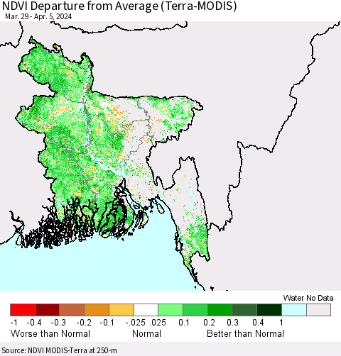Bangladesh NDVI Departure from Average (Terra-MODIS) Thematic Map For 3/29/2024 - 4/5/2024