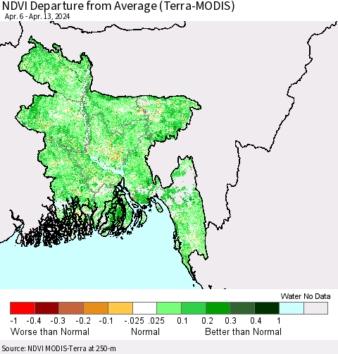 Bangladesh NDVI Departure from Average (Terra-MODIS) Thematic Map For 4/6/2024 - 4/13/2024
