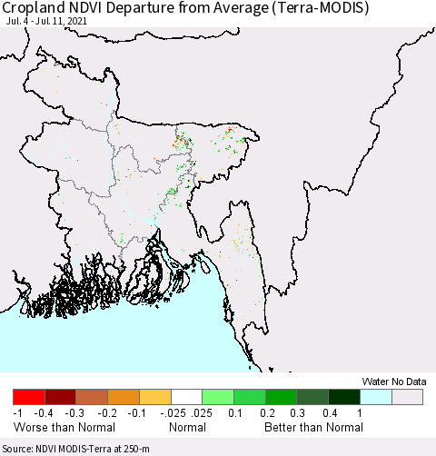 Bangladesh Cropland NDVI Departure from Average (Terra-MODIS) Thematic Map For 7/4/2021 - 7/11/2021