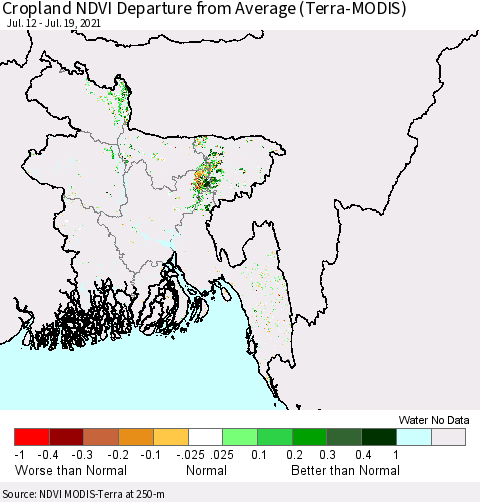 Bangladesh Cropland NDVI Departure from Average (Terra-MODIS) Thematic Map For 7/12/2021 - 7/19/2021