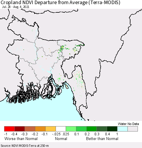 Bangladesh Cropland NDVI Departure from Average (Terra-MODIS) Thematic Map For 7/28/2021 - 8/4/2021