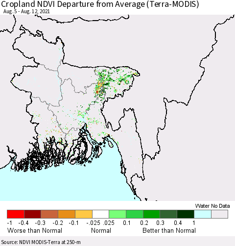 Bangladesh Cropland NDVI Departure from Average (Terra-MODIS) Thematic Map For 8/5/2021 - 8/12/2021