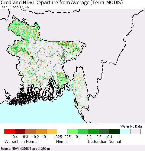 Bangladesh Cropland NDVI Departure from Average (Terra-MODIS) Thematic Map For 9/6/2021 - 9/13/2021