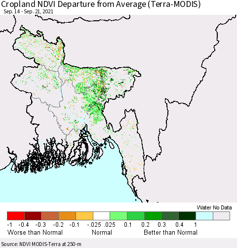 Bangladesh Cropland NDVI Departure from Average (Terra-MODIS) Thematic Map For 9/14/2021 - 9/21/2021