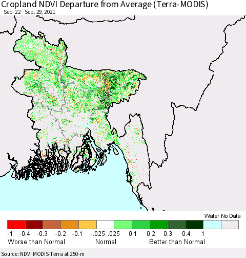 Bangladesh Cropland NDVI Departure from Average (Terra-MODIS) Thematic Map For 9/22/2021 - 9/29/2021