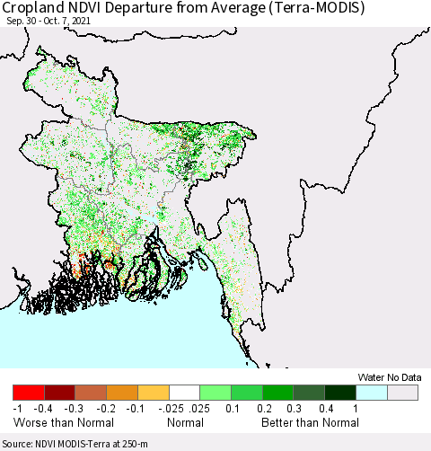 Bangladesh Cropland NDVI Departure from Average (Terra-MODIS) Thematic Map For 9/30/2021 - 10/7/2021