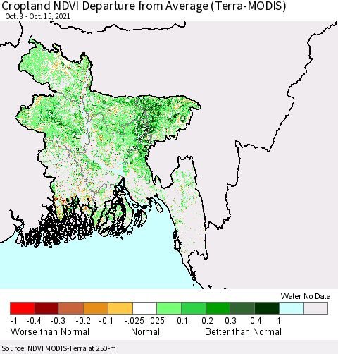Bangladesh Cropland NDVI Departure from Average (Terra-MODIS) Thematic Map For 10/8/2021 - 10/15/2021