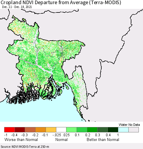 Bangladesh Cropland NDVI Departure from Average (Terra-MODIS) Thematic Map For 12/11/2021 - 12/18/2021