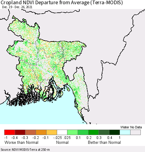 Bangladesh Cropland NDVI Departure from Average (Terra-MODIS) Thematic Map For 12/19/2021 - 12/26/2021