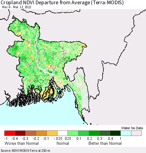 Bangladesh Cropland NDVI Departure from Average (Terra-MODIS) Thematic Map For 3/6/2022 - 3/13/2022