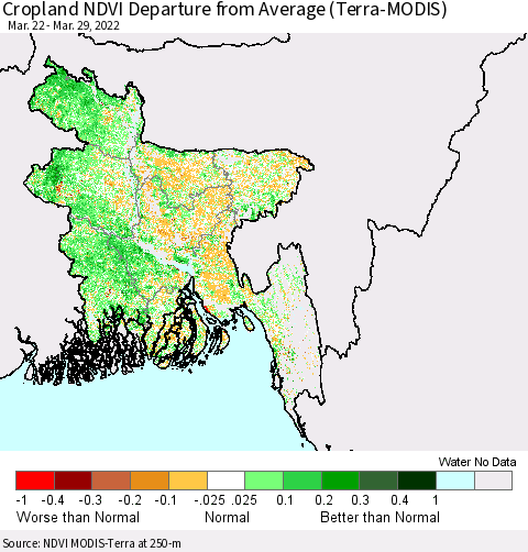 Bangladesh Cropland NDVI Departure from Average (Terra-MODIS) Thematic Map For 3/22/2022 - 3/29/2022