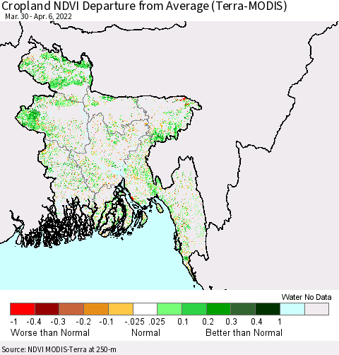 Bangladesh Cropland NDVI Departure from Average (Terra-MODIS) Thematic Map For 3/30/2022 - 4/6/2022