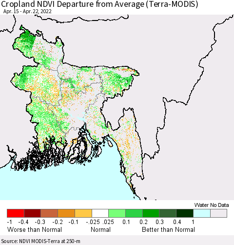 Bangladesh Cropland NDVI Departure from Average (Terra-MODIS) Thematic Map For 4/15/2022 - 4/22/2022
